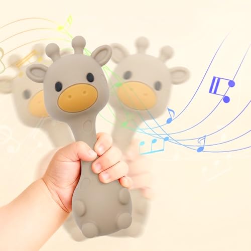 Image of Silicone Little Giraffe Shaker Rattle Toy for Babies | Food Grade Silicone Teether | Easy to Grip | BPA Free (Sand)