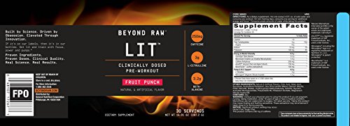 Beyond Raw LIT | Clinically Dosed Pre-Workout Powder | Contains Caffeine, L-Citruline, and Beta-Alanine, Nitrix Oxide and Preworkout Supplement | Fruit Punch | 30 Servings