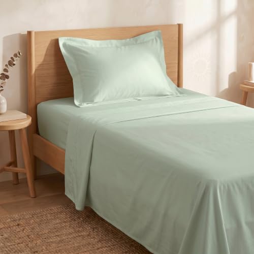Image of Huesland 100% Pure Cotton Sateen Weave Bedsheet 300 TC - Premium Luxury Single Bed Set | Misty Jade | 88 x 55 inches