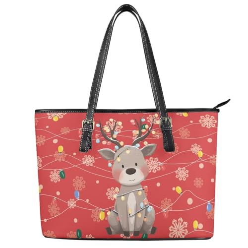 Image of Coldinair Christmas Leather Tote Bag for Women with Zipper Large Shoulder Tote Bag Shopping Casual Travel Bag Handbag Purse