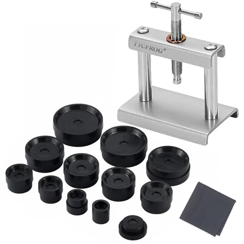 TICFROG 腕時計工具 裏蓋閉め器 時計 電池交換 工具 裏蓋閉め機 時計の修理 裏蓋外し 炭素鋼 耐久性 12個時計ダイ 両面ベロア・クリーニング・クロス1枚(日本語説明書が付属します)