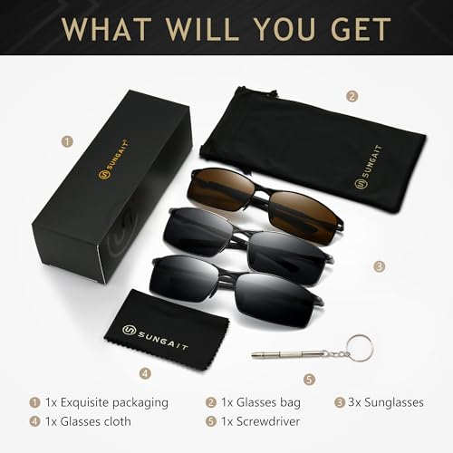 Image of SUNGAIT Ultra-Lightweight Polarized Sunglasses Men for Driving Fishing Golf, Rectangular Metal Frame with Spring Hinge