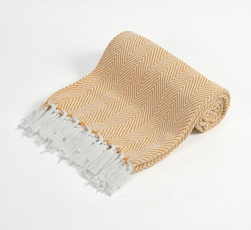 Image of Cotton Herringbone Throw for Sofa & Bed - 125x150 cm (50x60 inches) | Soft Lightweight Decorative Blanket with Tassels | Premium Reversible Yellow & White Sofa Throw