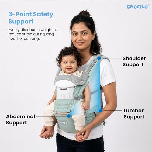Image of Cherilo Baby Carrying Bag with 4 Carry Positions, Hip Seat Baby Carrier for 0 to 3 Year Baby, Adjustable New Born to Toddler Carrier up to 15 Kgs (Green)