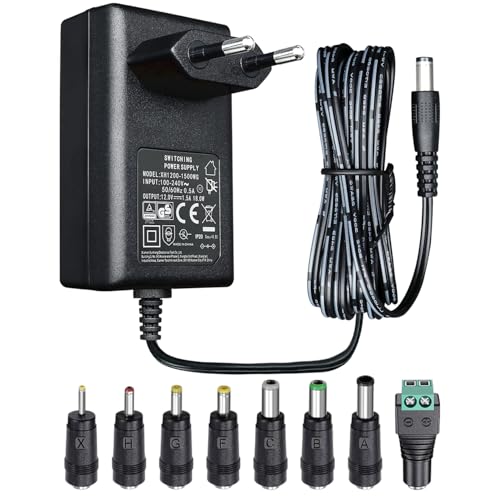 Adaptador de alimentación 12V 1.5A 1.8m, Adaptador de conmutación AC DC (entrada 100-240V, salida 12V 1.5A), enchufe transformador de montaje en pared con 8 tomas intercambiables, homologado