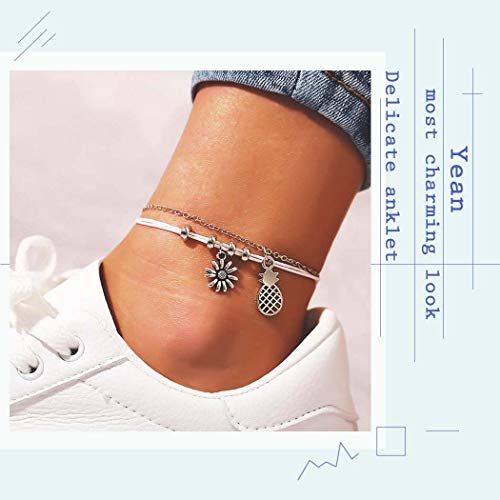 Yean Boho Ananas Anhänger Fußkettchen Sonnenblume Knöchel Armband Mode Perlen Fuß Schmuck Kette für Frauen und Mädchen - 4