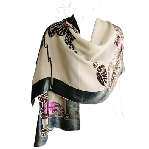 Silk Base Burn-out Velvet Oblong Shawl Scarf, Flora Lotus Pattern, Black, Fuchsia Velvet on Beige Sheer2