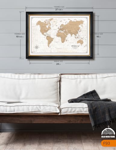 Image of IPIC - Custom Vintage World Map Canvas Wall Art, Personalized Artwork With Names and Message, Framed Travel Decor for Home, Office, or Study, Push-in Map for Travel Lovers