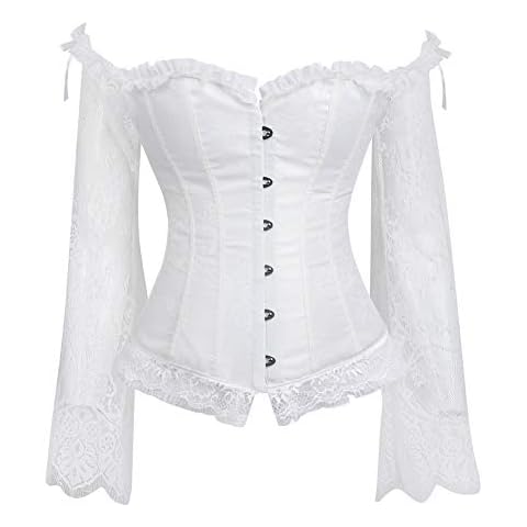 BUYIIT Women's Renaissance Style Corset Lace Floral with Ruffled Sleeves Elegant Princess Dress White Cover