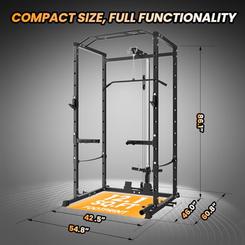 Power Cage with LAT Pulldown, Multi-Functional Power Rack with Cable Pulley System and J-Hooks, Squat Rack with Dip Bars and Landmine Attachment, Weight Cage for Home Gym Equipment