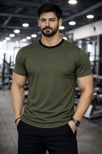 Image of Men's Solid Gym T-Shirt | Slim Fit Gym & Training Tee | Breathable Stretch Fabric | Round Neck Sports Wear for Workout