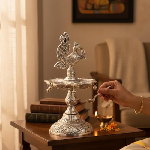 Image of Kridaykraft Metal Peacock Diya Samai Oil Lamp, Silver Finish, Traditional Indian Decor, 19 cm Height, 270 gm, Handcrafted Design
