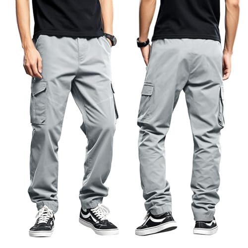 Tobysper Pantalones cargo militares para hombre, pantalones de senderismo, de algodón, holgados, informales, de trabajo, con múltiples bolsillos, gris claro, L