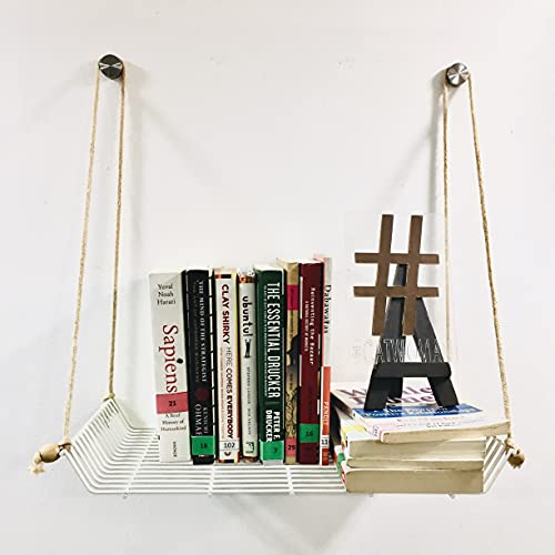 Image of Meshable Weebill Metal Wall Shelves | Wire Mesh Hanging Shelf for Home Decor | Multi Porpose Floating Shelf with Jute Rope | Durable, Modern & Stylish Wall Shelf - Single Tier (White)