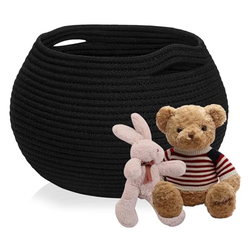 Cesta de almacenamiento redonda de 25 x 21 cm, cesta trenzada de algodón para juguetes, cesta redonda, decoración de salón y organizador de baño (negro-25 x 21 cm)