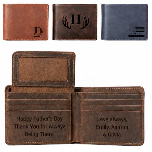 GiftShopie Personalized Handmade Genuine Leather Wallet for Men | Custom Engraved Name & Initial | Customized Monogram Wallet Gift for Dad Husband Boyfriend | Birthday Fathers Day Present