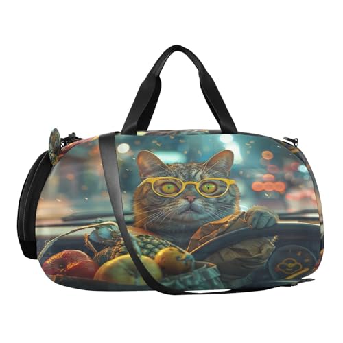 YETTASBIN Sport Travel Duffel Bag for Girls Boys, Driver Cat Large Waterproof Weekender Overnight Bag, Detachable Shoulder Strap Gym Bag with Shoe Compartment & Wet Pocket2
