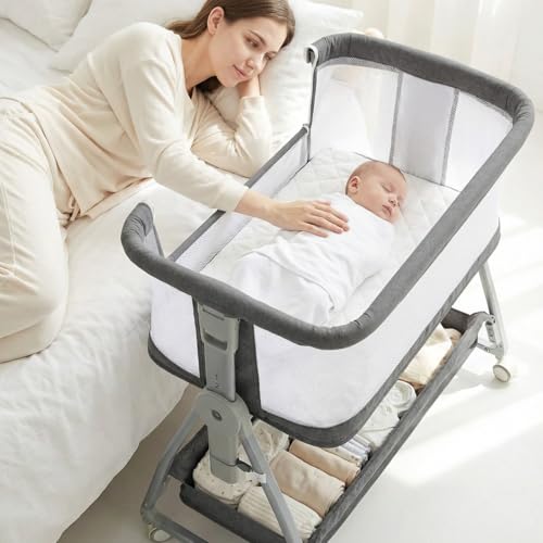 Luvkixen Baby Bassinet Bedside Sleeper with Wheels, 3-in-1 Portable Bedside Crib for Newborn, Adjustable Height Co-Sleeper with Breathable Mesh & Mattress, Easy Assembly, Gray