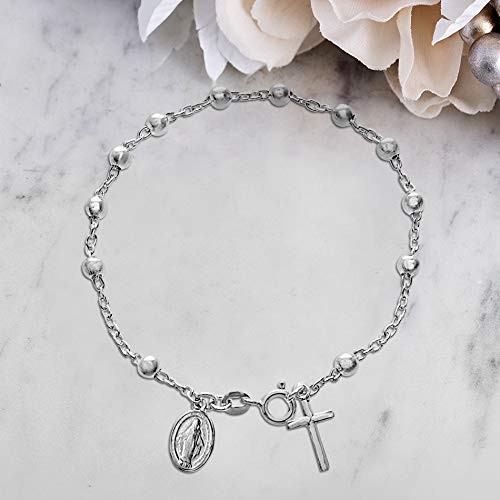 Sterling Silver Religious Miraculous Medal and Cross Charm 7 Inch 4mm Bead Chain Bracelet for Women4