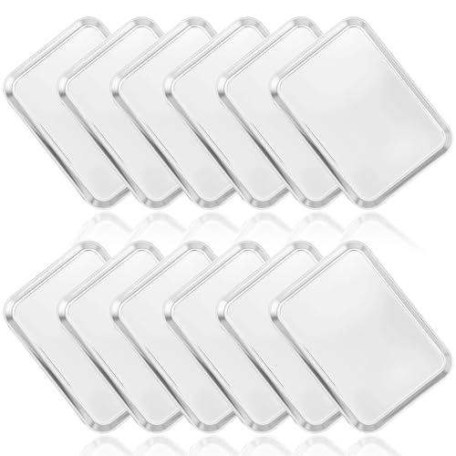12 Pcs Baking Sheet Stainless Steel Cookie Small Metal Sheet Pans Professional Rectangle Oven Trays Kitchen Baking Cooking and Toaster, Oven and Dishwasher Safe(7.1x5.1x0.79Inch)