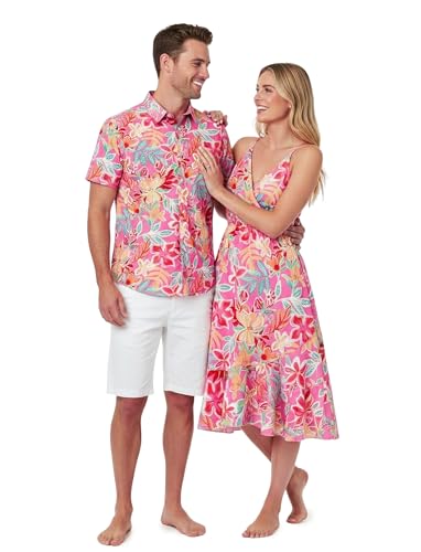 Image of PATPAT Couples Matching Outfits Hawaiian Women Dresses & Men Shirts | Matching Cruise Outfits for Couples, Beach Vacation Outfits, Spaghetti Strap Midi Sundress, Men Boho Tropical Print Shirt