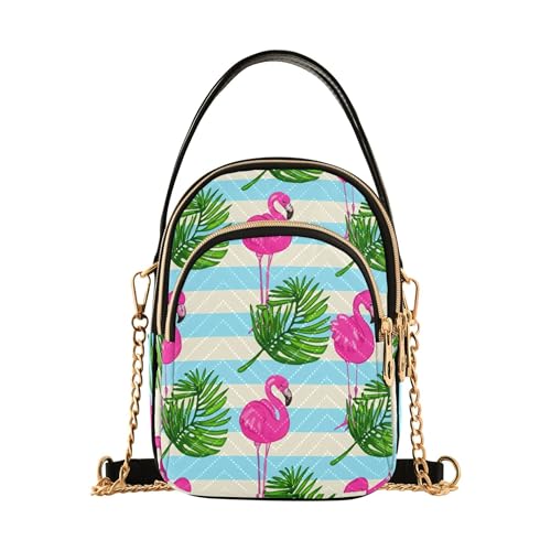 Pink Flamingos Palm Leaves Blue Women Shoulder Handbag Phone Wallet Chain Strap Purse Floral Print Designer Satchel Crossbody Bag, 5.9