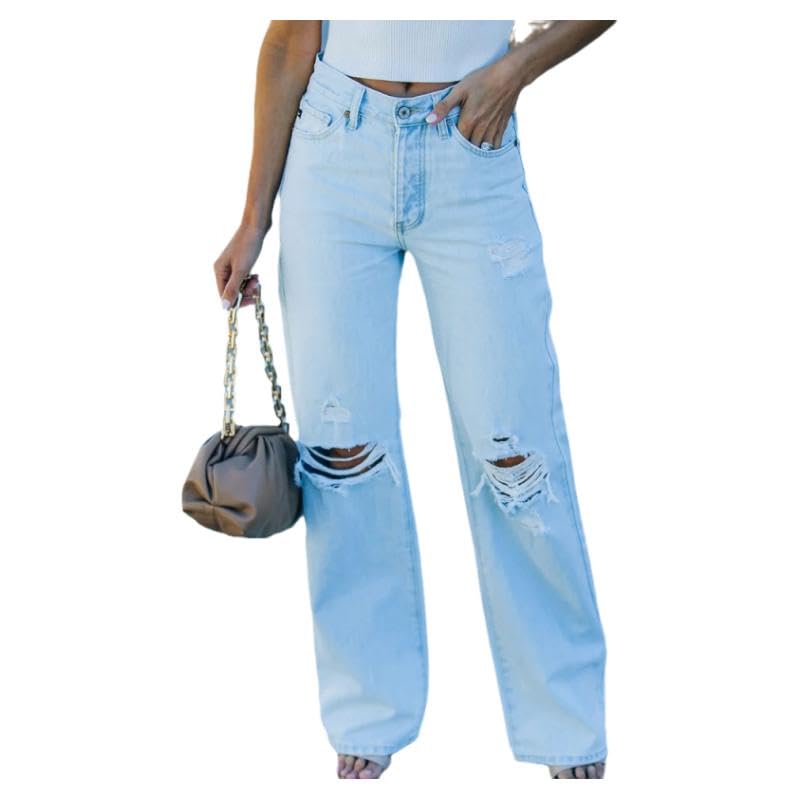 Women's Jeans for Autumn and Winter 2024, Straight Tube Loose Fit Slimming Temperament Casual Distressed Denim Pants Trendy3