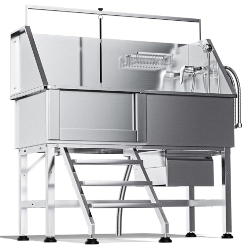 DYTREND Dog Washing Station for Home, Professional 46' Stainless Steel Dog Bathing Station, Height Adjustable Dog Grooming Tub w/Stair, Storage Drawer, Upgrade Parts