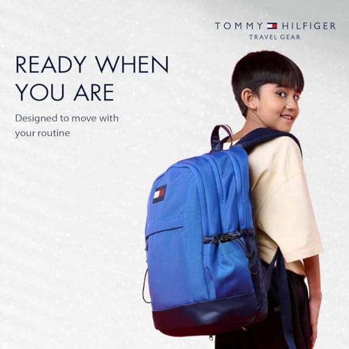 Image of Tommy Hilfiger Professional School Backpack Stud - Wedge Blue+Navy | Durable Water-Resistant Bag for Teens with Signature Metal Logo | 3 Compartments | Integrated Rain Cover | 30L Capacity