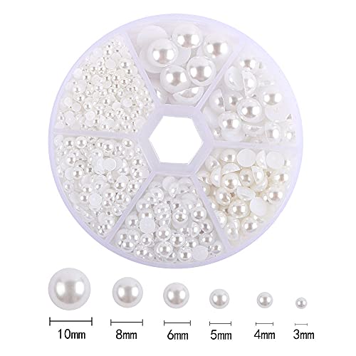 White Half Round Pearl Beads 855Pcs Assorted 3/4/5/6/8/10Mm Flatback Plastic Gems Diy Scrapbooking Craft Shoes Phone Nail Art Jewelry Making With Plastic Box #TOP4