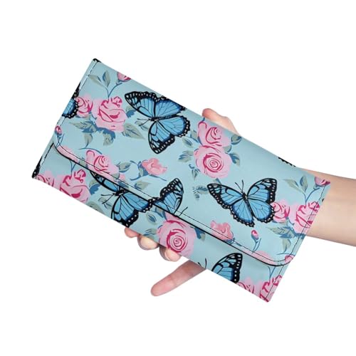 Image of AFPANQZ Wallet for Women Credit Card Holder with Coin Purse and Zipper Wallet, Blue Butterfly Rose Women's Clutch Organizer with Christmas Lights Snowman Crutch