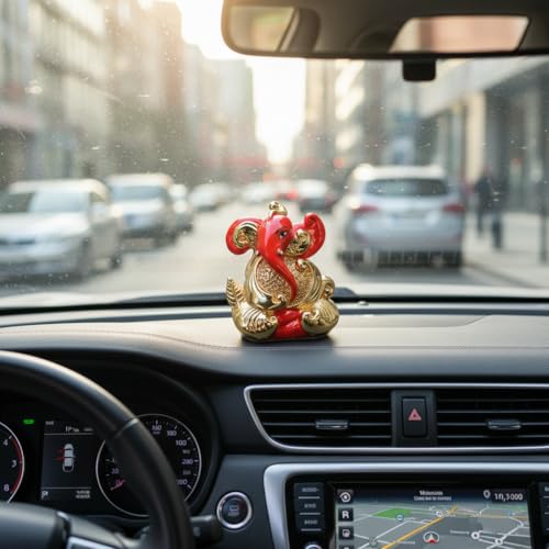 Image of Gold Plated Leaf Finish Ganesha | Ganpati Idol for Car Dashboard, Office Desk & Home Temple | Divine Blessings & Positivity | Height 2.5 Inch