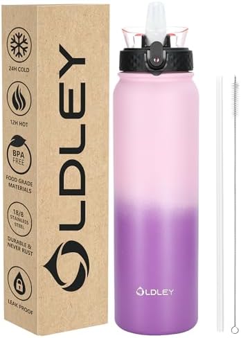 OLDLEY Stainless Steel Water Bottle with Straw 1L Vaccum Insulated Large Drink Flask Metal Water Bottles 1 Litre Leakproof Keep Drinks Hot Cold for Bike Camping Sports Gym Adult Women Men