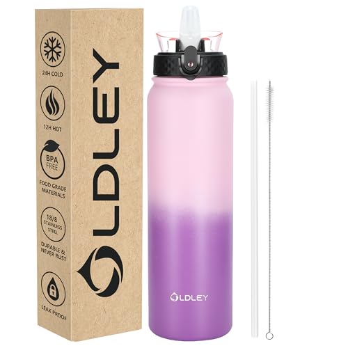 OLDLEY Stainless Steel Water Bottle with Straw 1L Vaccum Insulated Large Drink Flask Metal Water Bottles 1 Litre Leakproof Keep Drinks Hot Cold for Bike Camping Sports Gym