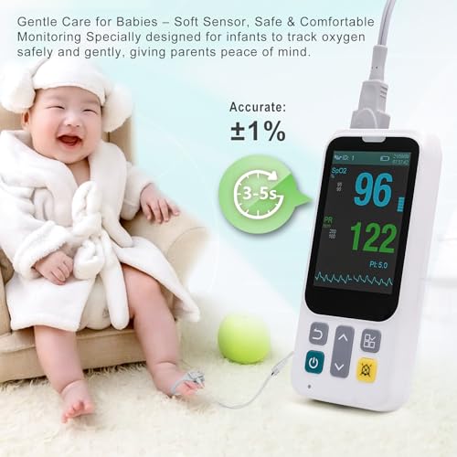 Image of Handheld Pulse Oximeter with Respiration Tracking, Rechargeable Oxygen Monitor with Foot Sensor and Finger Sensor, Continuous Monitoring with Alarm, Portable SpO2 Pulse Rate PI Display for Home Use