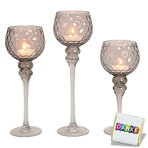 Juego de 3 copas de cristal con estructura de panal de panal de abeja, soporte para velas con soporte, 1A idea de regalo, portavelas en juego, altura: 40, 35 y 30 cm (panal gris)