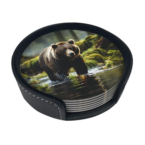 Dessous de Verre imprimé Ours Brun bondissant (Lot de 6) • Dessous de Verre Ronds pour café, bière, vin • Décoration pour la Maison, la Cuisine ou Le Bureau