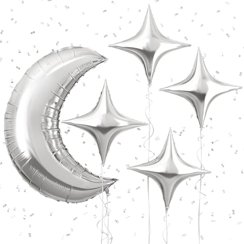 Image of Moon and Star Balloons New Years Balloons 36 Inch Large Metallic Silver Moon Foil Balloon 18 In Silver Star Shaped Balloon for Happy New Year Eve Ramadan Eid Baby Shower Birthday Party Decor