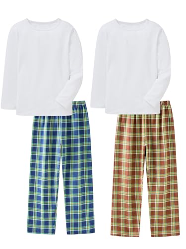 LOLPIP Jungen Pyjamas 4-teiliges Set Kids Kleidung Stretch Ribbed Baumwolle Schlafkleidung Langärmelige weiße Top Checkered Hosen Nachtkleidung 12 Jahre