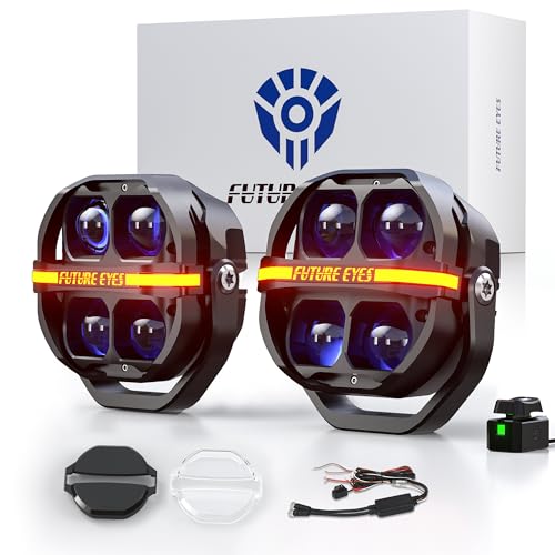 Future Eyes 180W LED Light Bar Amber White Off Road Fog Lights, Dual Color Spot Beam LED Pod Lights with Blue Coated Optical Glass Lens, DRL Auxiliary Work Lights for Truck SUV ATV Jeep, 2PCS
