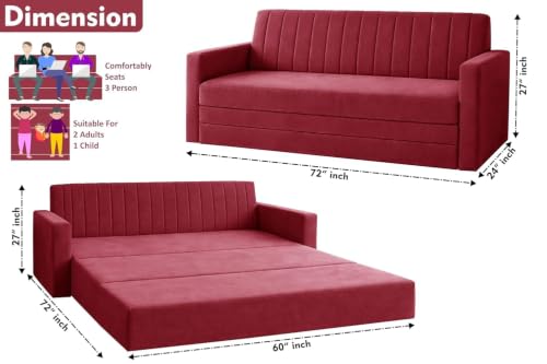 Image of Sofa-Cum-Bed | 3-Seater Foladable Sofa Couch with Armrest | Modern Fabric Sofa for Living Room, Bedroom & Office-Red-Color