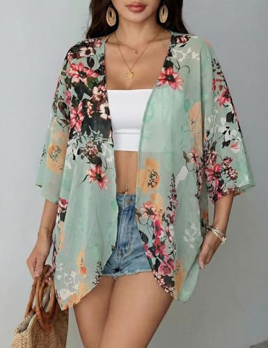 Chunoy Women Casual Spring Summer Lightweight Cardigan Blouse Top Chiffon Kimono Cover Up Green X-Large