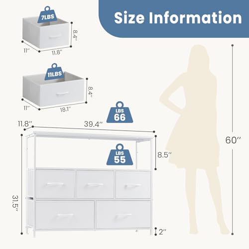 Image of NEWBULIG Dresser,Dresser with 5 Fabric Drawers,Chest of Drawers,Storage Tower, TV Stand Organizer Storage for Bedroom Living Room Hallway, Easy Pull Fabric Bins,Wooden Top, Sturdy Steel Frame,White