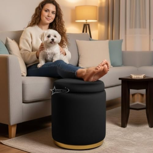 Image of Velvet Round Single Strip Ottoman Office Stool Foot Rest Stool Velvet Fabric Padded Seat Pouf Ottoman 13 X 13X 16 inch, in Round Shape for Living Room Black
