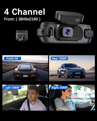 Image of 4 Channel Dash Cam Front and Rear 4K 360View Dash Camera for Cars with GPS, G-Sensor, 5G WiFi, Loop Recording, App Control, 8 Lamps IR Night Vision, 24 /7 Parking Mode, 128G Card