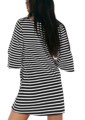 Image of Yousify Women's T Shirt Dress Cotton Summer Dresses 2026 Casual Loose Short Sleeve Striped Mini Dress with Pockets