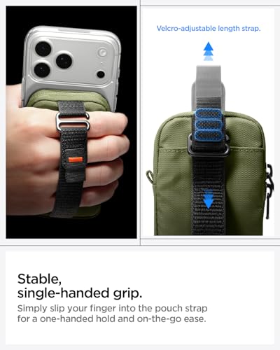 Image of Spigen Tin Tap Zip (MagFit) Magnetic Organizer Pouch up to 7 Cards, Magsafe with Front Pocket and Built in Hand Strap Compatible with iPhone 17 /16 /15 /14 /13 /12 Models, Pixel 10 Series - Olive Green