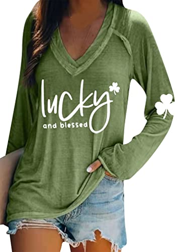 Image of BOFETA Women St Patricks Day Sweatshirts Loose Long Sleeve Shirts Green Shamrock Print Blouse Flowy Color Block Pullover Tops
