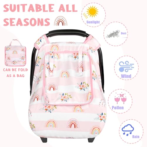 Image of Pea Pod Car Seat Cover Baby, Infant Car Seat Canopy Covers for Newborn with 2 Layers Windows of Breathable Mesh Fabric, Lightweight Polyester /Soft Minky Dot Backing (Floral & Rainbow)