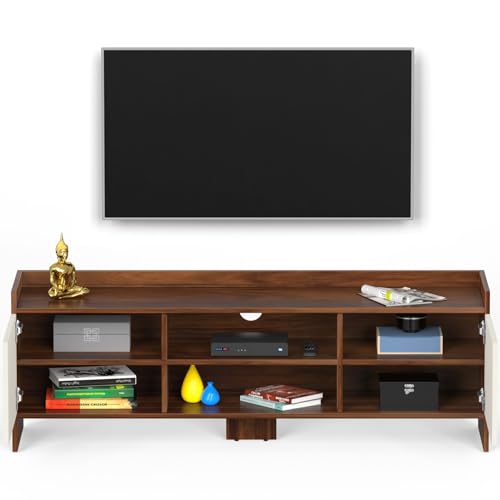Image of BLUEWUD Charley Engineering Wood Floor Standing TV Entertainment Unit Set Top Box Stand /TV Cabinet Panel with Shelves for Books & Decor Display Unit Bed Living Room Upto 50 inch (Brown Maple & White)